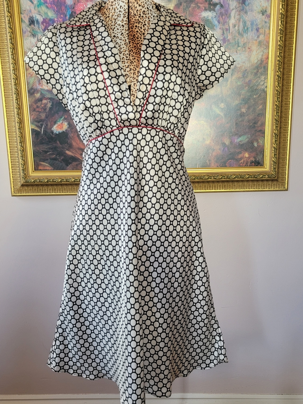 Vintage Polka Dot Cap Sleeve Satin Trim With Red Trim Retro